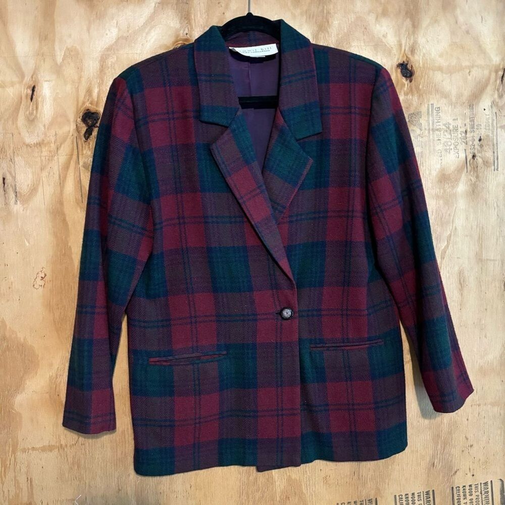 Vintage 70s Summit Hill Plaid Wool Blend Red Blue Blazer Sz 8 Petite